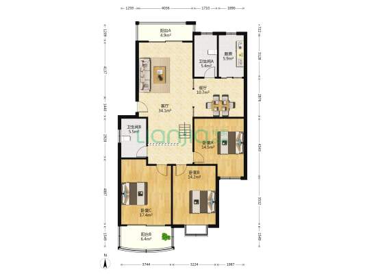 泾声花苑 3室2厅2卫 143平方