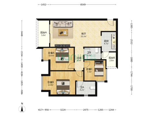 美岸江山 3室1厅2卫 98平方