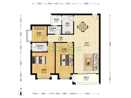 建宏德怡花苑 3室1厅2卫 111平方