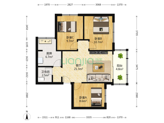 中央花园三期 3室1厅1卫 78平方