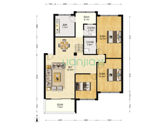 银杏公寓1期 3室1厅2卫 136平方