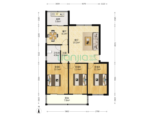 龙源新居 3室2厅1卫 108平方