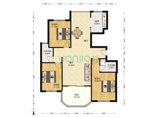 大湖城邦玫瑰园 3室1厅2卫 126平方