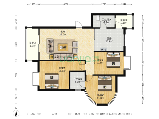 新奥风尚 3室1厅2卫 128平方
