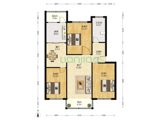 万德小区 3室2厅1卫 129平方
