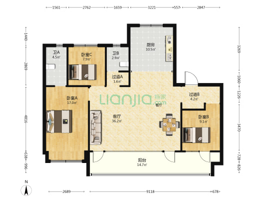 中南林清月 3室1厅2卫 141平方