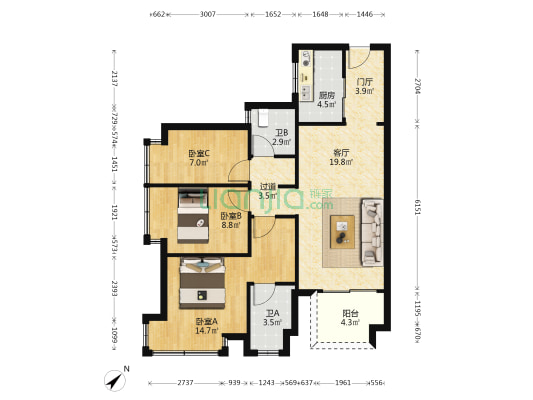 万科金域东方 3室1厅2卫 94平方