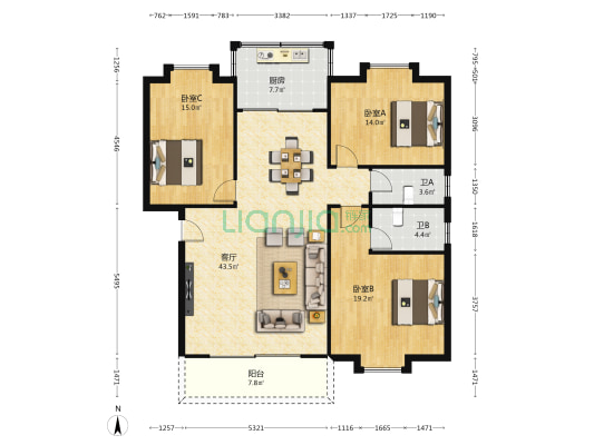 江湾东一苑 3室1厅2卫 128平方