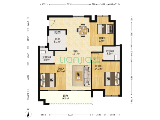 绿地国际理想城二期 3室1厅2卫 119平方