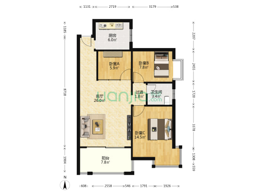 鸿景春天花园二期 3室1厅1卫 79平方