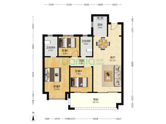 亚琦城央尚品 3室1厅2卫 98平方