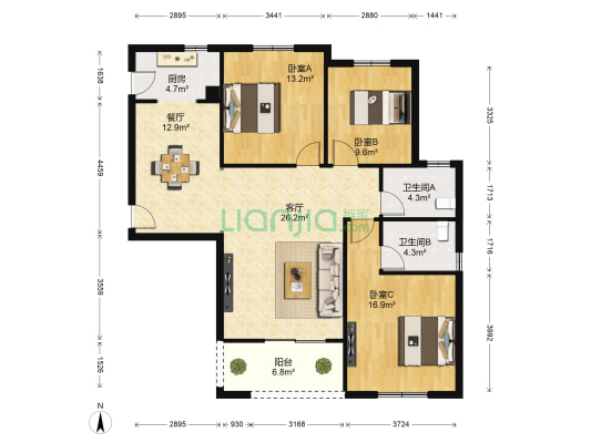 千禧同业小区 3室2厅2卫 129平方