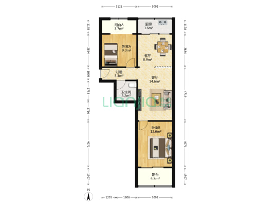 轻工院研究设计院-家属院 2室2厅1卫 65平方