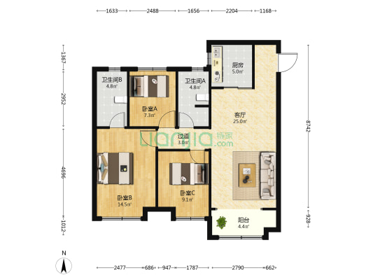 美的锦观城 3室1厅2卫 112平方