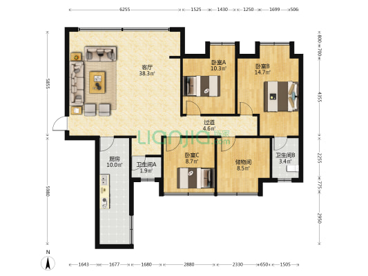 锦江华府 3室1厅2卫 117平方