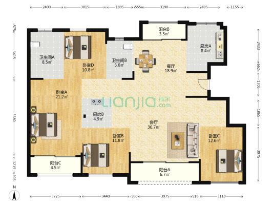 蓝城明庐 4室2厅2卫 181平方