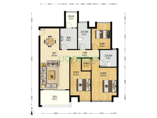 东方新世界熹园 3室1厅2卫 133平方