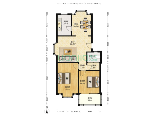 烟草公司宿舍 2室2厅1卫 91平方