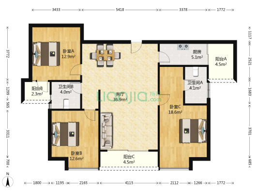 美林银谷国际社区 3室1厅2卫 135平方