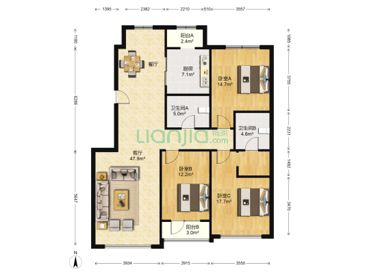 伟峰东第 3室1厅2卫 144平方