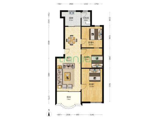 托盘圹 3室1厅1卫 97平方