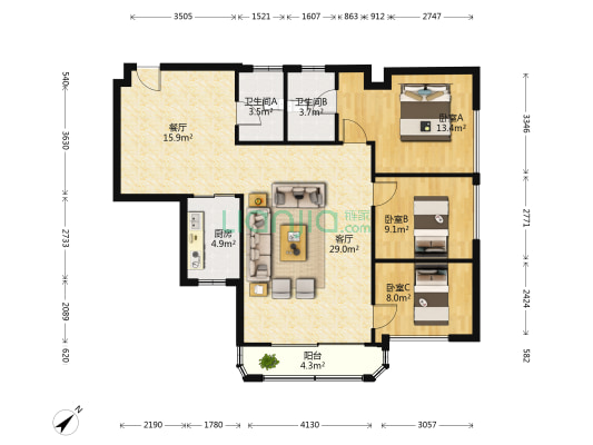 德盛海珠大厦 3室2厅2卫 128平方