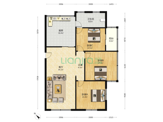 凤凰大街2号 3室1厅1卫 128平方