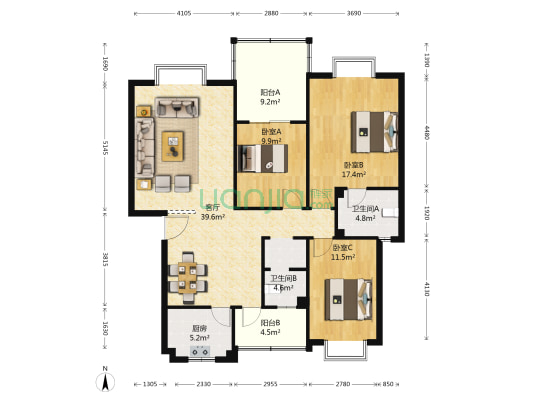 双兴名邸四季春天 3室1厅2卫 125平方