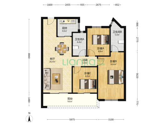 世茂璀璨江南 3室1厅2卫 104平方