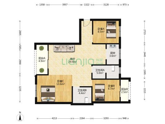 汉飞洋房印象 3室1厅2卫 97平方