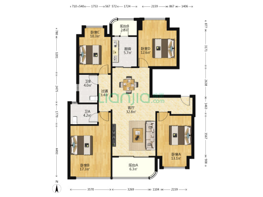 十里长江·华府 4室1厅2卫 135平方