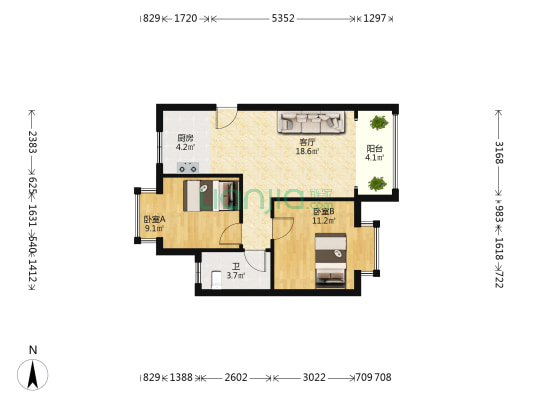 天乙华庭B区 2室1厅1卫 66平方