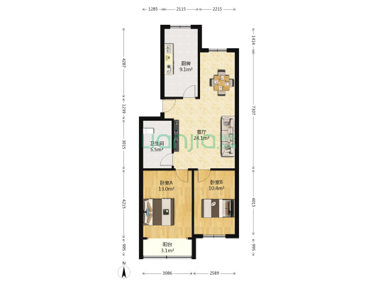 洪福山庄 2室1厅1卫 82平方