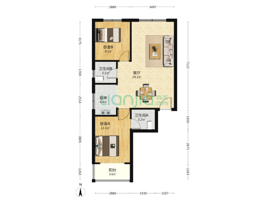 蓝波御景 2室1厅2卫 91平方