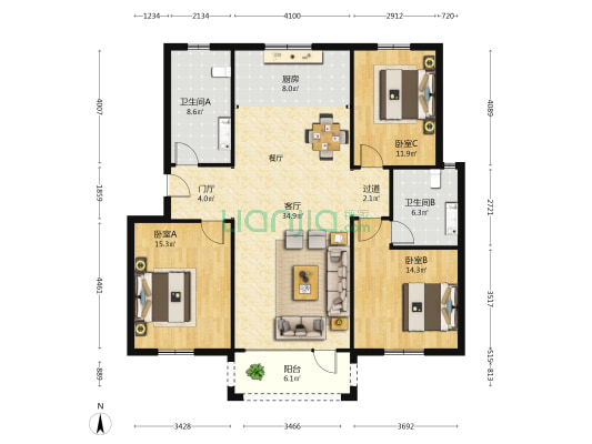 宏远泰和花园 3室1厅2卫 133平方