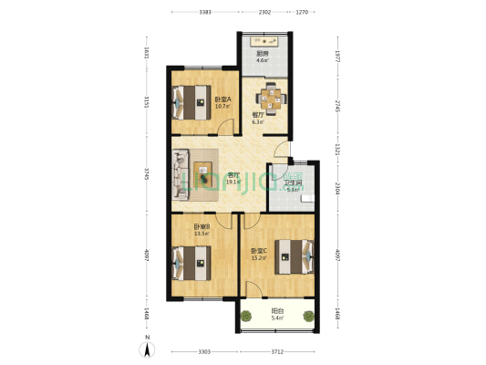 轴承厂宿舍 3室2厅1卫 98平方