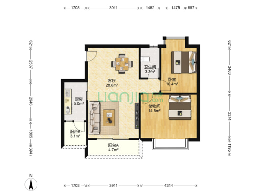 普君新城 1室1厅1卫 90平方