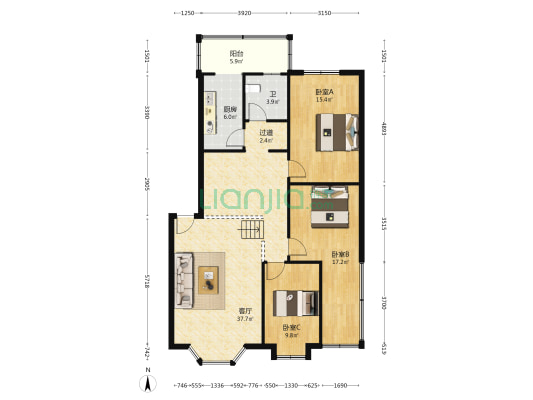 翠竹苑B区 3室1厅1卫 120平方