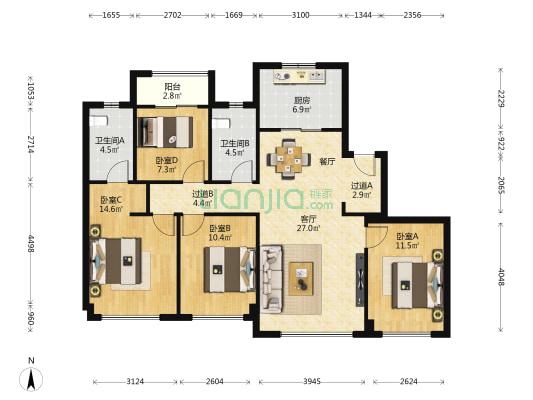 龙湖·春江天玺 4室1厅2卫 141平方