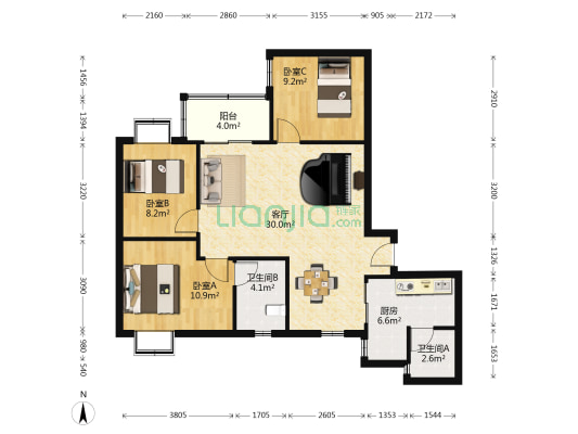 东晓花园 3室1厅2卫 101平方