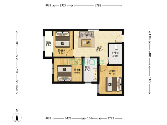 恒大未来城 3室1厅1卫 86平方