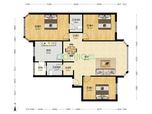 金河小区 3室1厅2卫 125平方