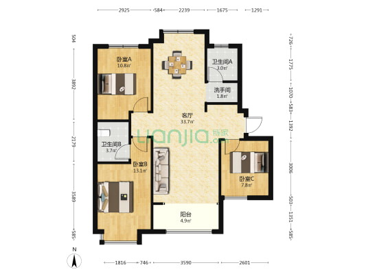 荣科枫林苑 3室1厅3卫 117平方