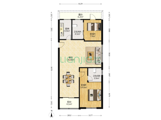 恒厚阳光里 2室1厅2卫 102平方