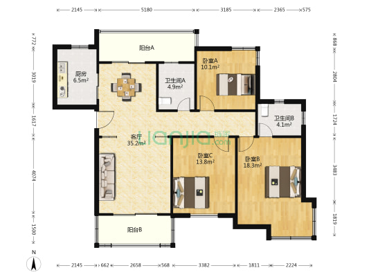美陆佳苑菊苑 3室1厅2卫 131平方