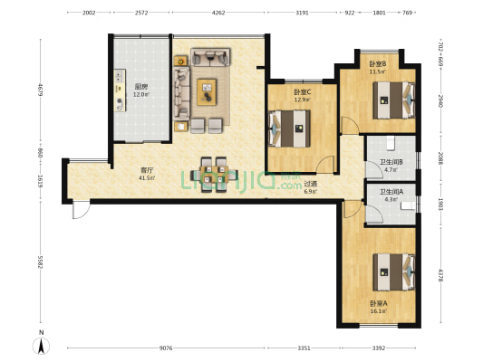 龙泉新村 3室1厅2卫 135平方