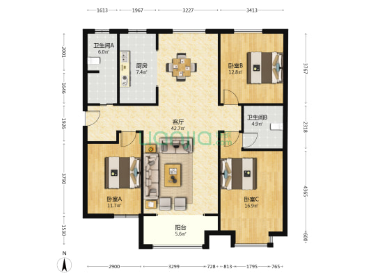 留村家园A区 3室1厅2卫 138平方