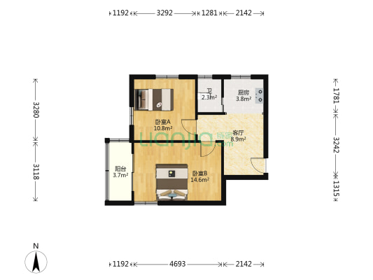 中山北路206号 2室1厅1卫 54平方
