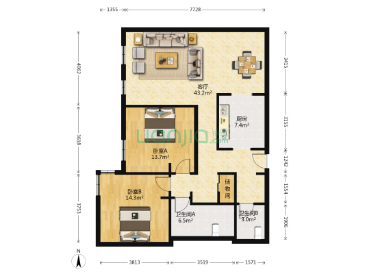 丽京花园 2室1厅2卫 132平方