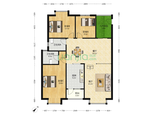 龙庭世家 3室2厅2卫 135平方